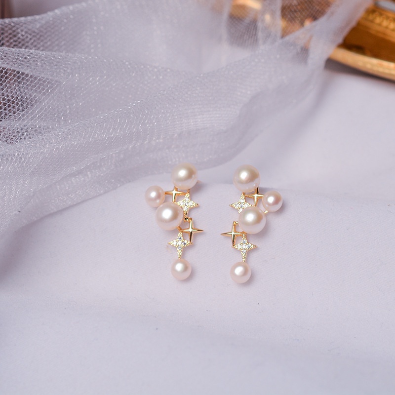French Retro Star Earrings Niche High-end925 Silver Needle Small Fragrance Style Natural Freshwater Pearl Earrings For Women