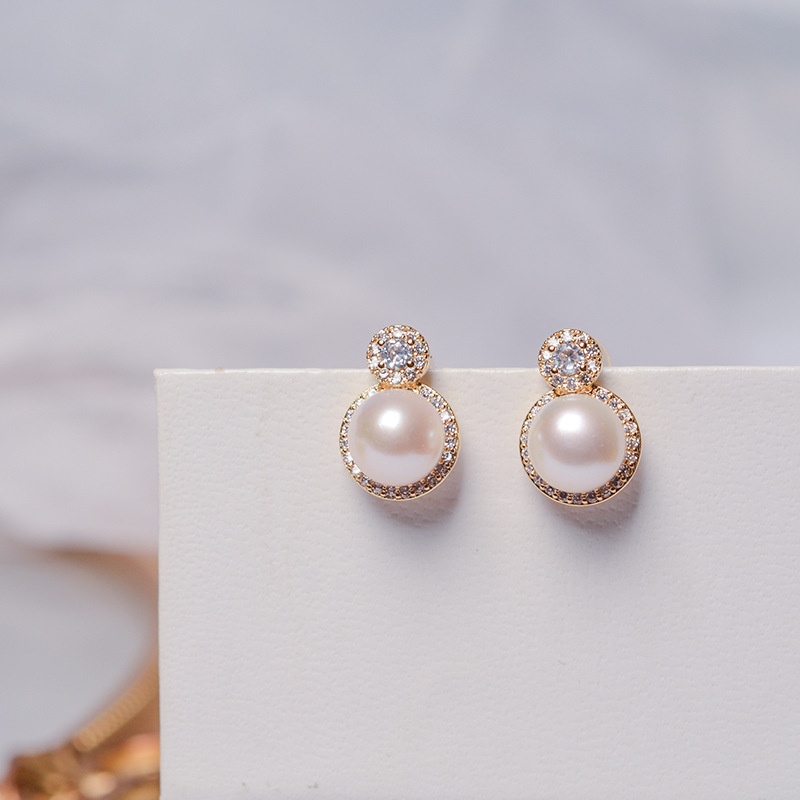High-grade Zircon Inlaid Earrings French Retro14k Gold-filled Natural Freshwater Pearl Earrings Silver Needle Female