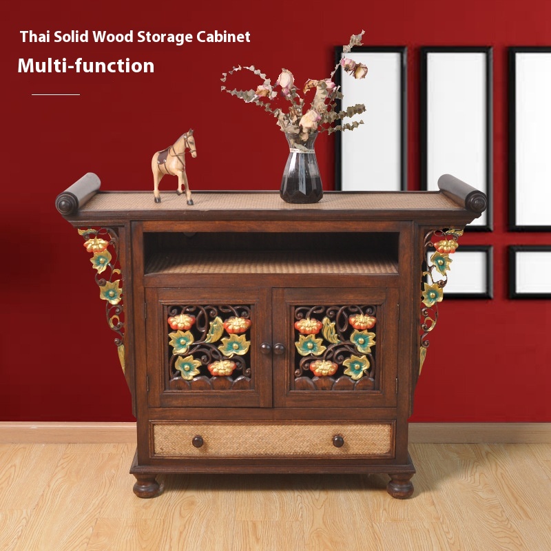 Thai Solid Wood Storage Cabinet Household Fortune God Table Carved Buddha Niche Chinese Style Entrance Cabinet Aisle Incense Table