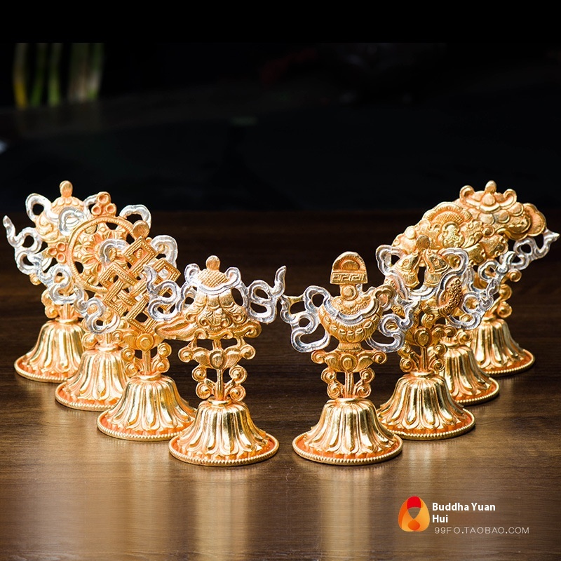 Eight Auspicious Ornaments,Offerings,Home Ornaments,Buddha,Nepalese Handmade Copper Gilt Silver Auspicious Eight Treasures