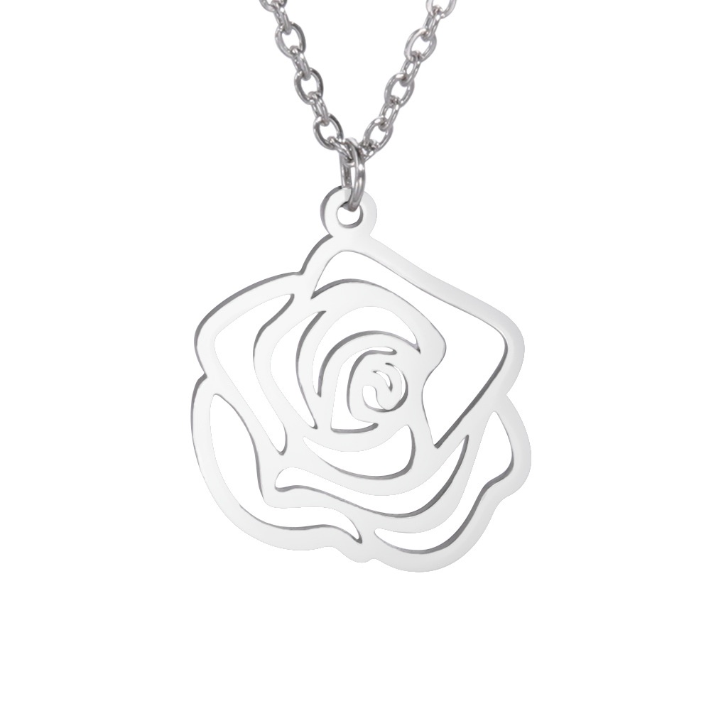 Foreign Trade E-commerce Flower Accessories Cut Titanium Steel Steel Color Hollow Rose Pendant Creative Personality Stainless Steel Necklace