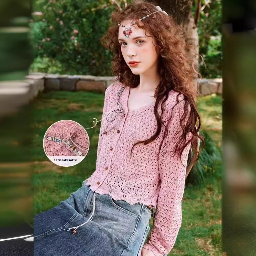 Women's Hollow Design Short Long Sleeve Fashion Cardigan Jacket Top