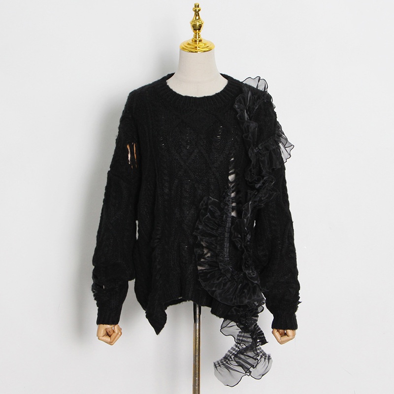 Hollow Design Sense Lace Stitching Round Neck Pullover Sweater Long Sleeve Sweater Clothing