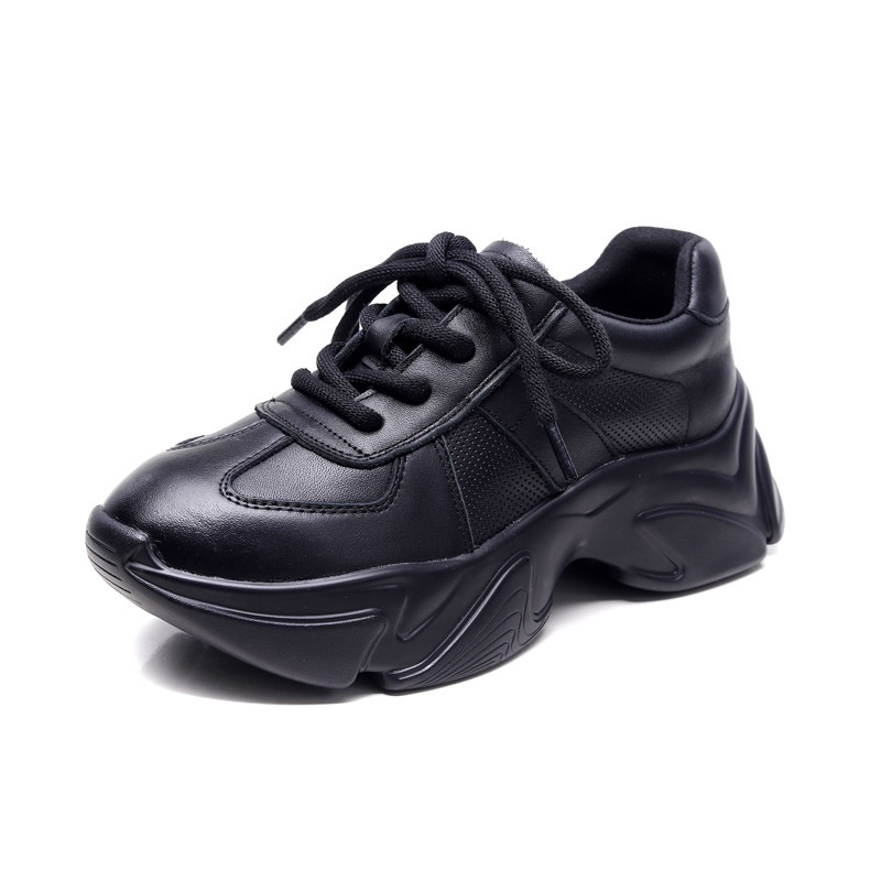 Jishu First Layer Cowhide Casual Women's Shoes Genuine Leather Laser Perforated Dad Shoes White Shoes Thick-soled Shoes Small Waist