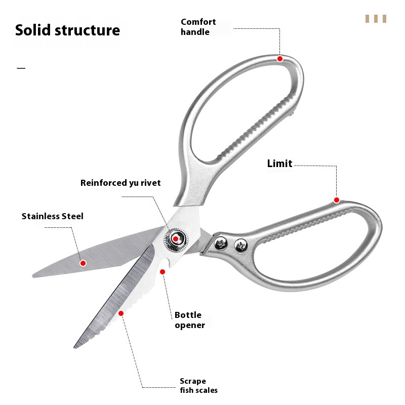 Stainless Steel Kitchen Scissors For Cutting Chicken Bones,Cooked Food,Killing Fish And Scraping Fish Scales,Multi-function Non-slip Handle With Bottle Opener Scissors