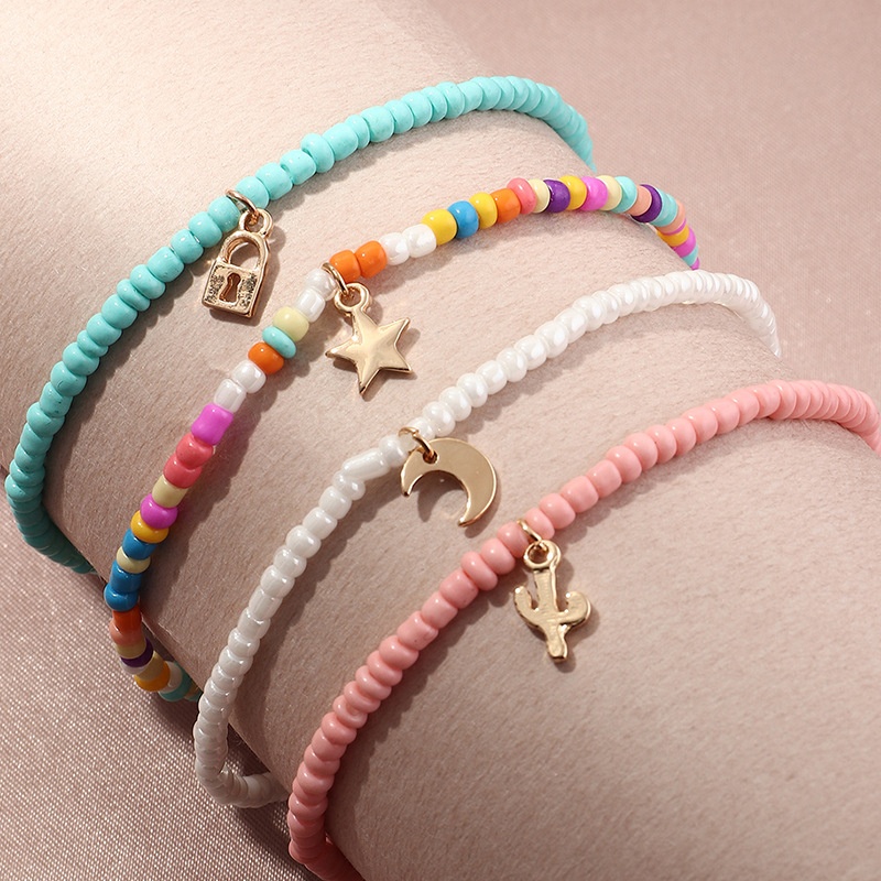 FZ0172 European And American Jewelry Cute All-match Star Moon Pendant Temperament Colorful Rice Bead Anklet