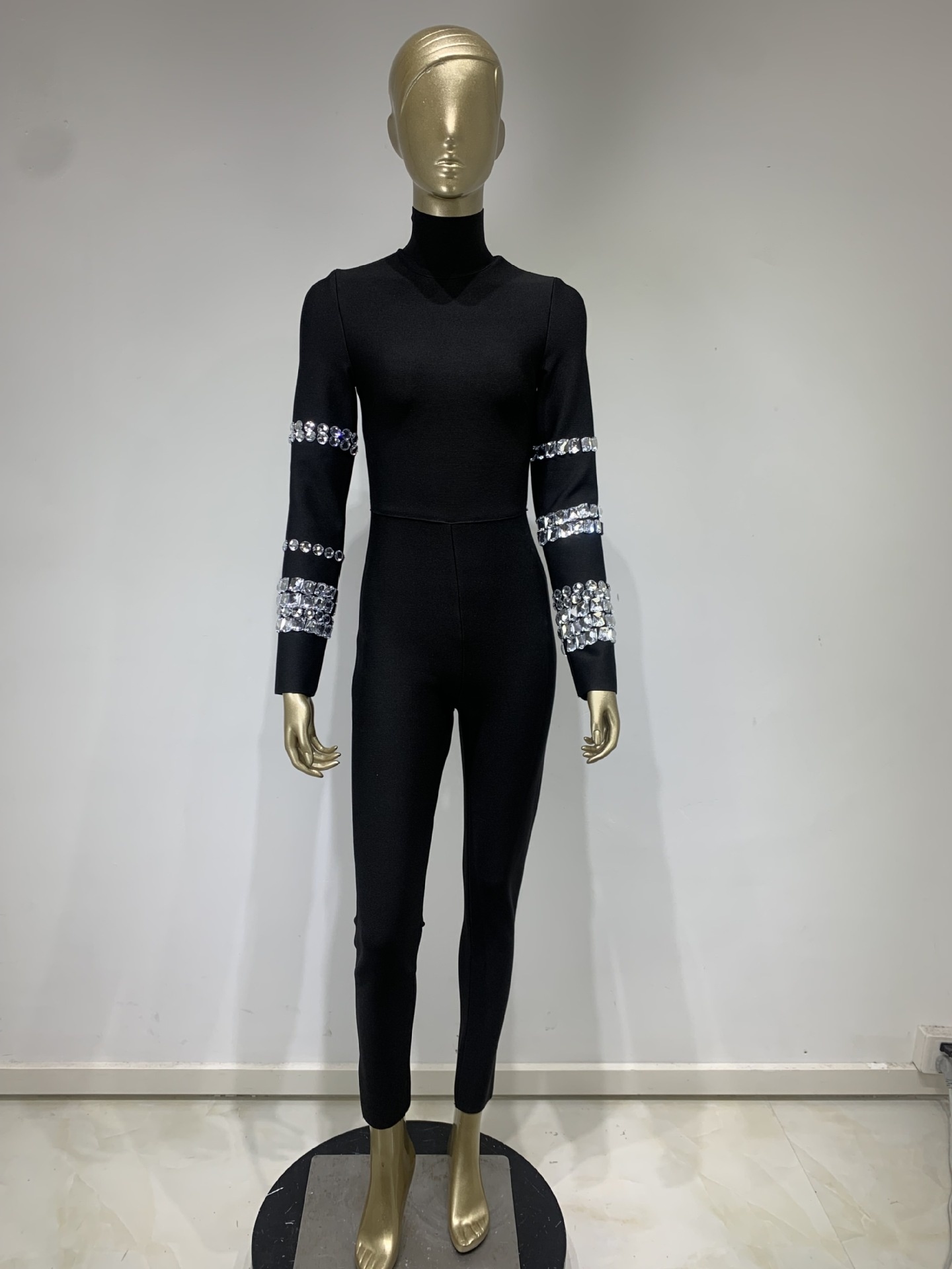 Bandage Bodysuit Fashion Rhinestone Long Sleeve Party Dress