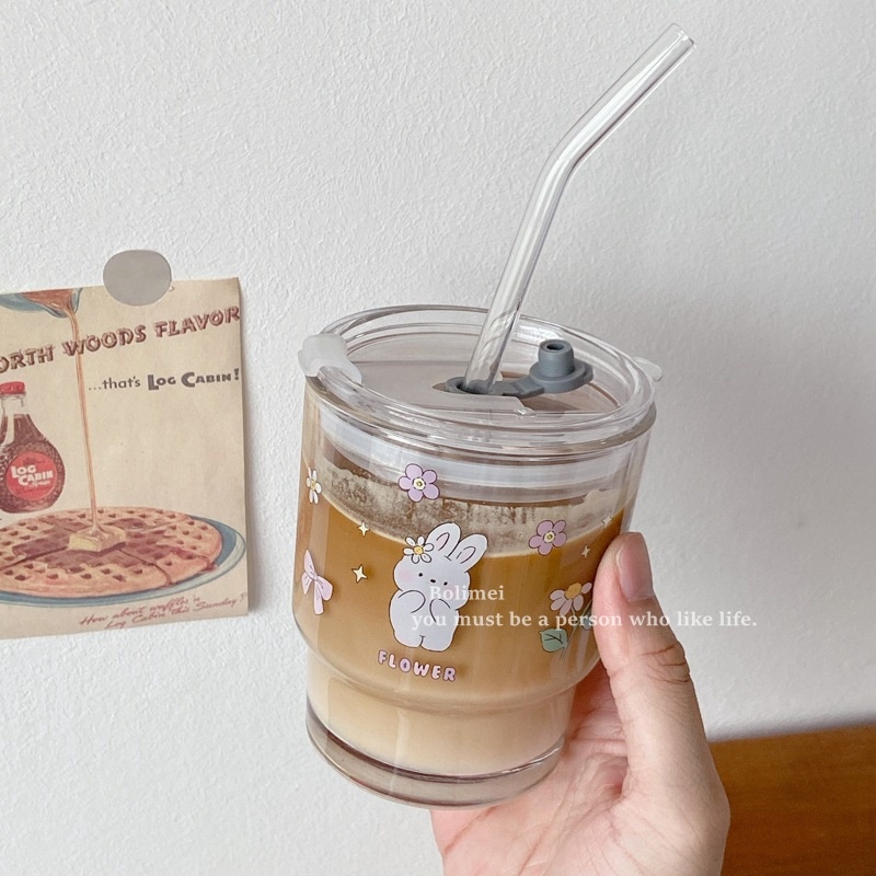 Bolimei Flower Rabbit Glass Straw Cup Girl Heart Glass Water Cup Milk Tea Cup Student Covered Cup