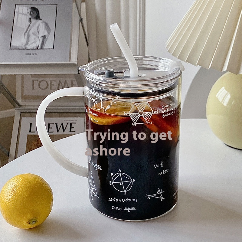 Bolimei Creative1000ml Large Capacity Glass Water Cup With Lid And Straw Print Style Simple Water Cup