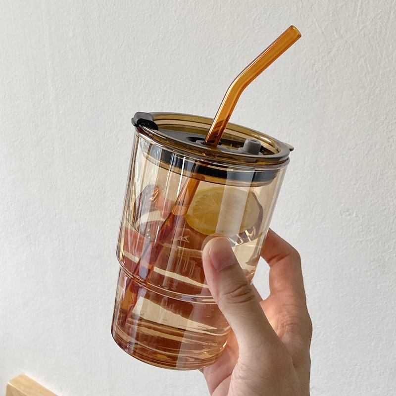 Bolimei Korean Style Brown Glass Straw Cup Student With Lid Water Cup Large Capacity Glass Cup