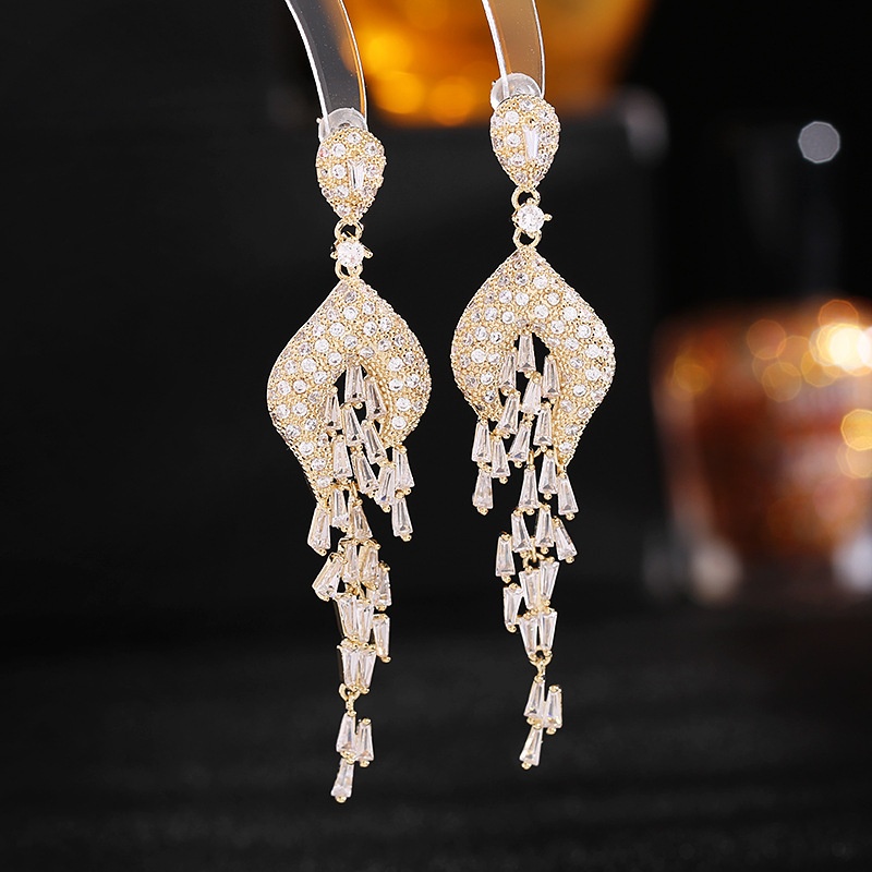 S925 Silver Needle Zircon Inlaid Bride Wedding Dinner Dress With Earrings Light Luxury Fashion Long Tassel Earrings