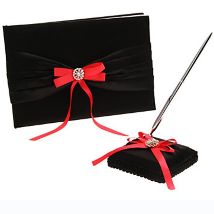 Black Bottom Red Flower Knot Set Sign-in Book+Pen Holder Two-piece Wedding Bridal Supplies