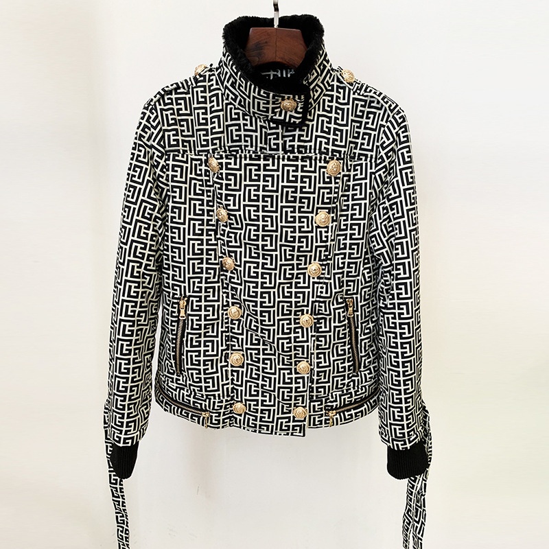 Winter Down Jacket European And American Fashion Maze Print Double-breasted Fur Collar Cotton Cotton Jacket