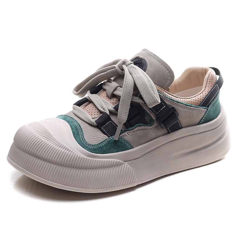 Delphinium First Layer Cowhide Spring And Summer Color Matching Single Shoes For Women Genuine Leather British Style Retro Thick Bottom Low Top Women's Shoes