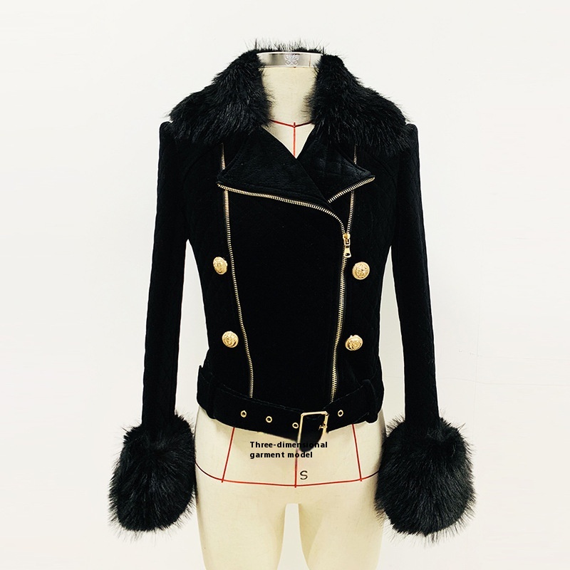 Autumn And Winter Detachable Simulated Fox Fur Collar Quilted Gold Velvet Double Zipper Motorcycle Jacket