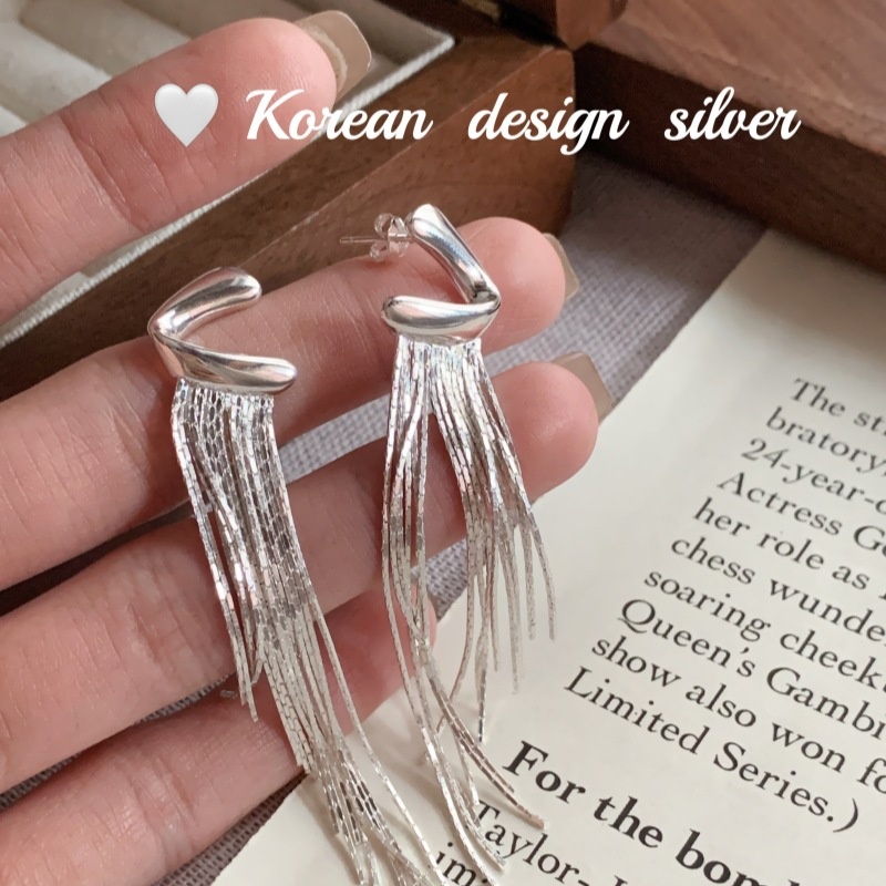 Bright Silver Ear Jewelry S925 Sterling Silver Z-shaped Tassel Long Earrings Niche Design Blogger