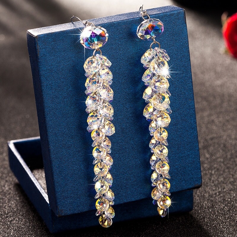 Handmade S925 Pure Silver Ear Hook Earrings Austrian Long Tassel Crystal Earrings Female Popular Silver Jewelry