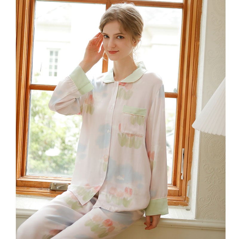 Mixi Cat Pajamas Women Autumn Cotton Satin Lapel White Moonlight Long Sleeve Trousers Suit Home Clothes