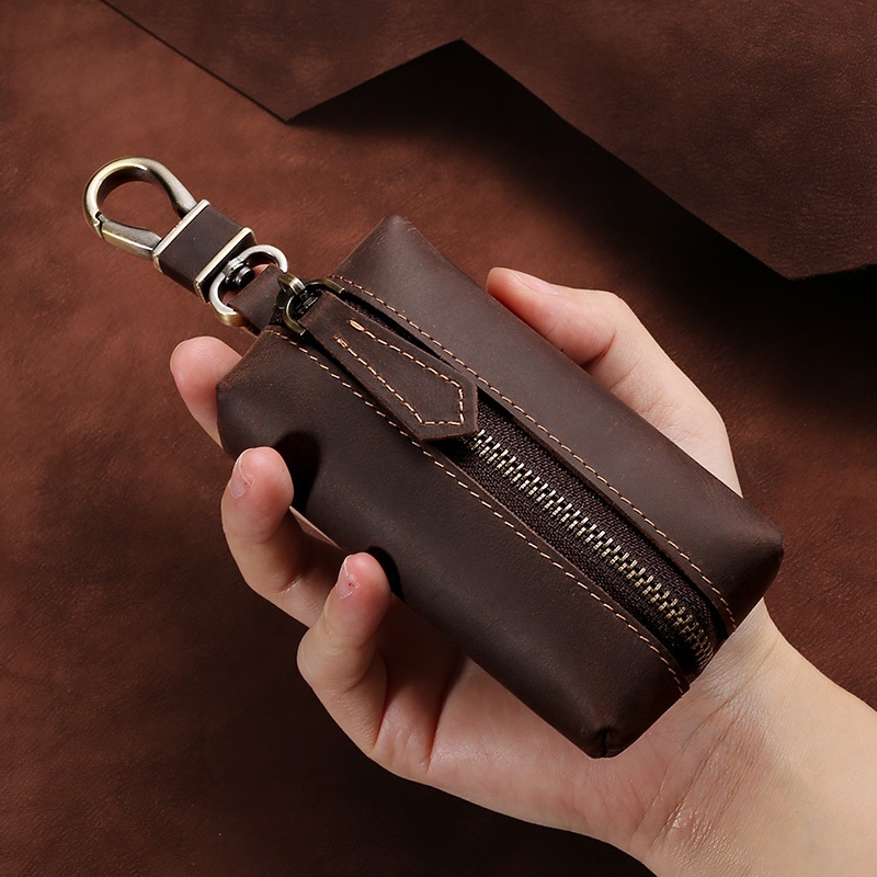 Large Capacity Crazy Horse Leather Key Bag Retro First Layer Cowhide Key Leather Case Zipper Buckle Genuine Leather Key Bag