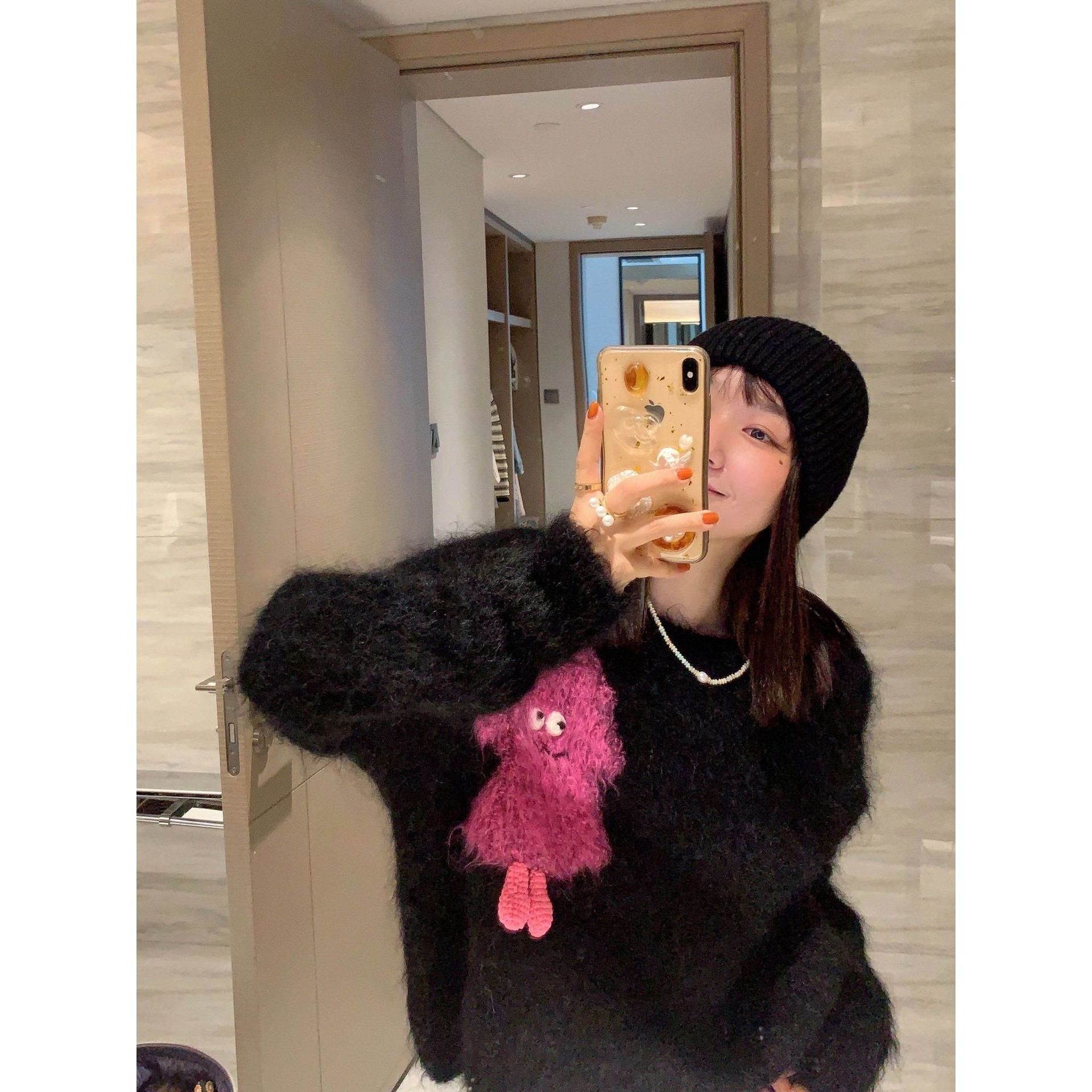 Dopamine Imitation Mink Sweater For Women Cartoon Little Monster Pullover Sweater Loose Soft And Waxy Barbie Pink