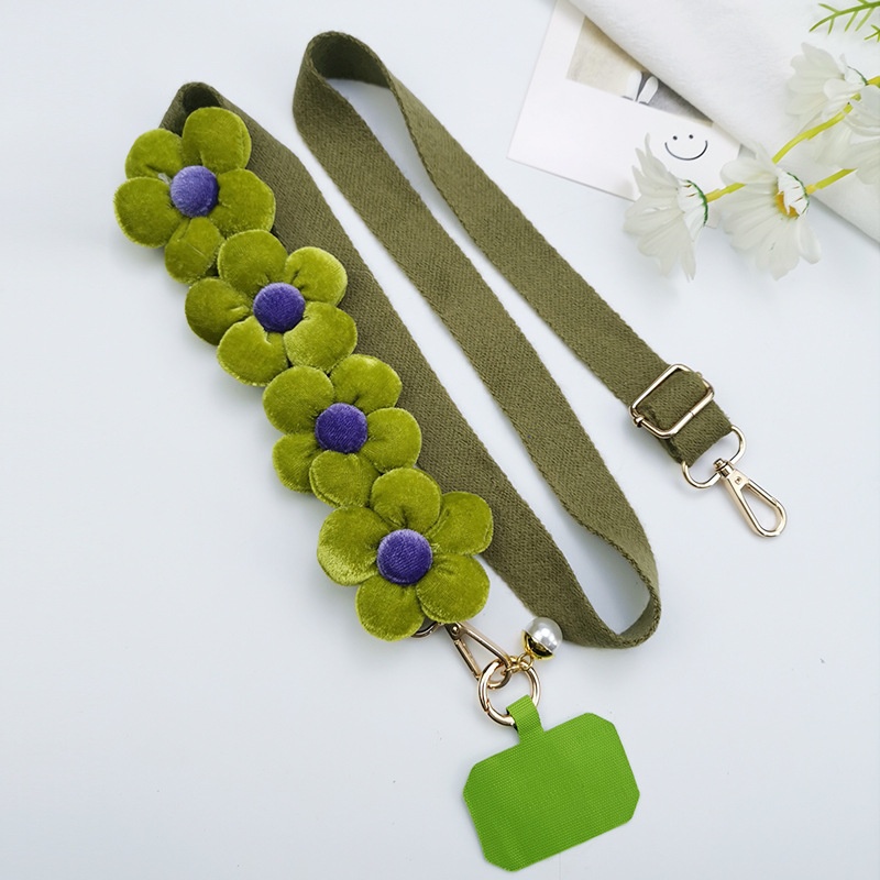 Mobile Phone Lanyard Cross-body Long Wide Corduroy Shoulder-carryable Plush Floral Plush Pattern Klein Blue Halterneck