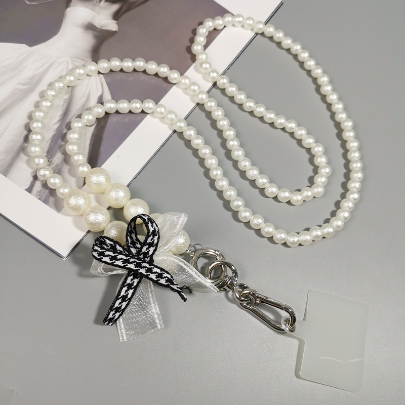 Long Mobile Phone Lanyard Can Be Worn Cross-body,Halter Neck Bow,Houndstooth Hanging Chain,Pearl Hand-beaded Pendant,Removable