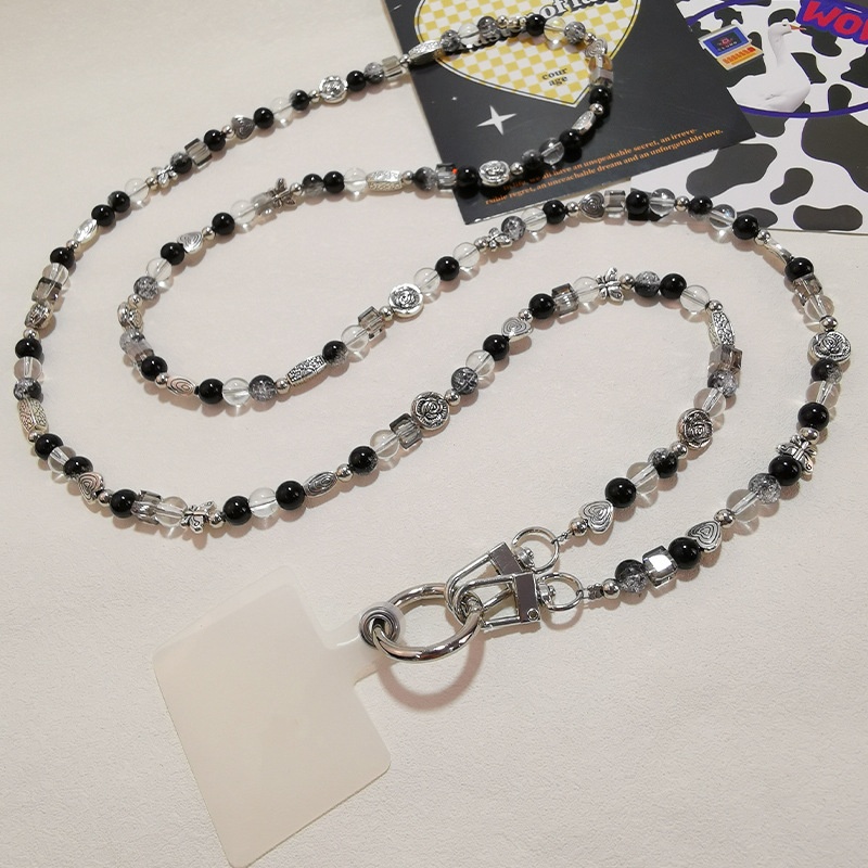 Mobile Phone Lanyard Long Cross-body Carryable Black And White Retro Pendant Beaded Flower Mobile Phone Case Bag Chain