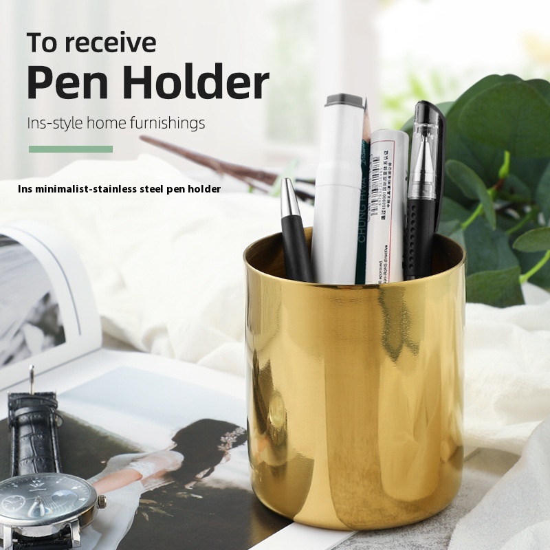 Light Luxury Stainless Steel Metal Pen Holder Desktop Office Creative Storage Tube Home Study Stationery Storage Tube