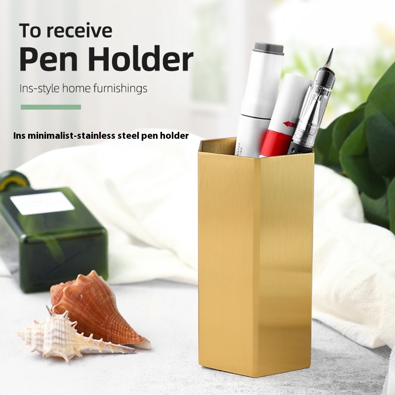 Light Luxury Metal Stainless Steel Hexagonal Diamond Pen Holder Office Stationery Storage Tube Desktop Ornaments Hexagonal Storage Tube