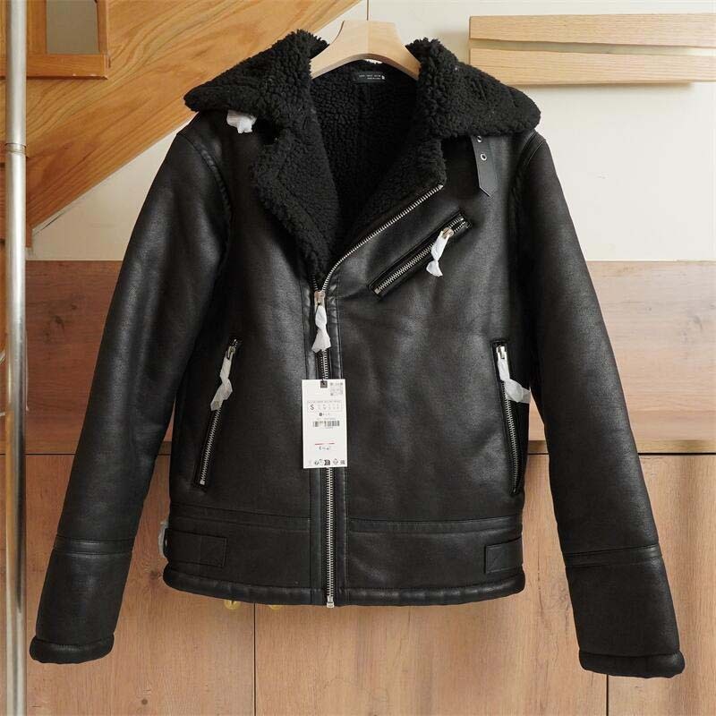 Original-Men's Men's Retro Faux Fur Motorcycle Jacket Thick Coat Black Off-White Zipper Jacket