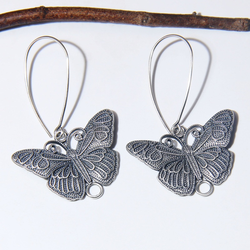National Ethnic Style Sterling Silver Ear Hook Retro Old Craft925 Silver Butterfly Earrings Matte Earrings DIYEarrings For Women