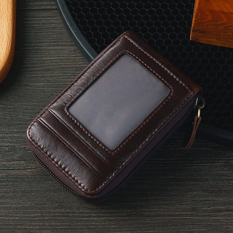 European And American Genuine Leather Accordion Card Holder RFIDFirst Layer Cowhide Transparent Window Multifunctional Retro Coin Card Holder