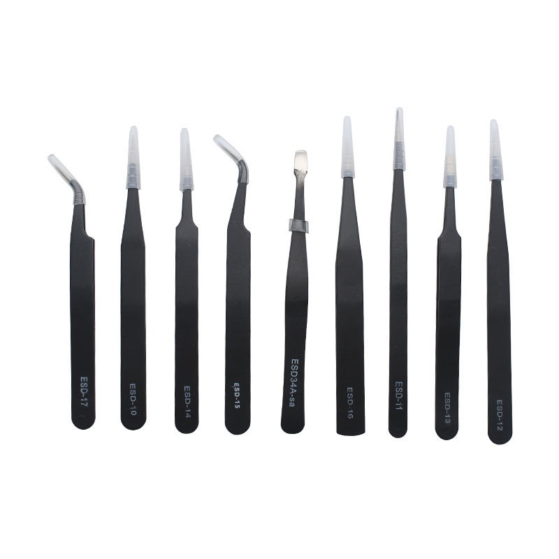Canvas Bag9-piece Tweezers Stainless Steel Pointed Elbow Flat Head Clips Electronic Repair Household Tool Set