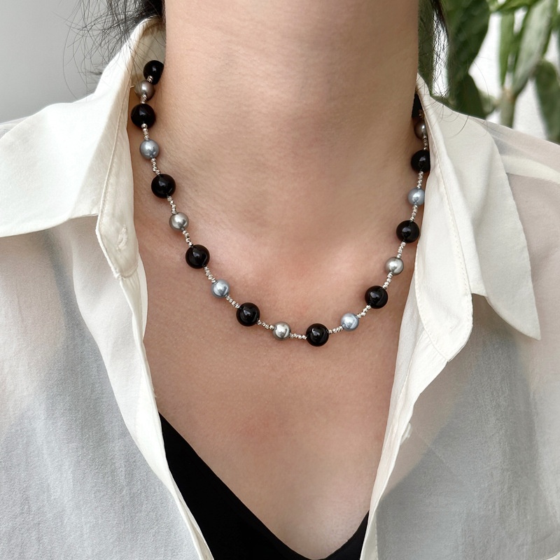 Zhenduo Hemp Gray Black Agate Shijia Pearl Necklace Women's Light Luxury Sweater Chain High-end Necklace All-match Autumn And Winter Jewelry