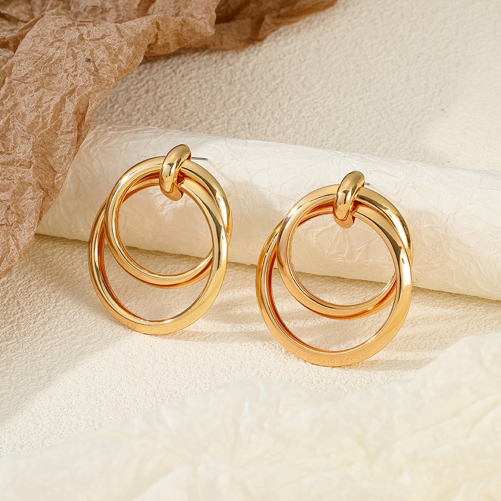 European And American Simple Round Double-ring Earrings Women's Retro Light Luxury High-end Sense Tagram Style Fashionable Elegant Earrings