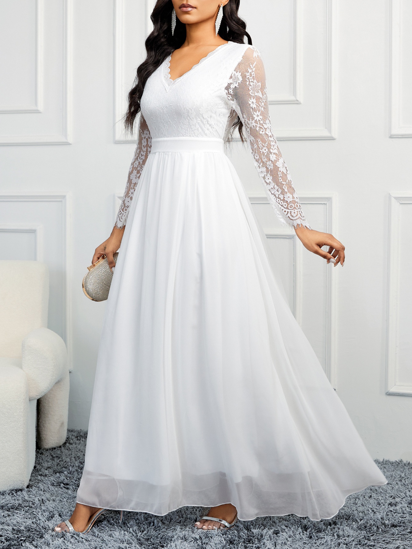 European And American Foreign Trade Dress Slim White Wedding Dress Lace V-neck Fashion Dress Chiffon Wedding Dress