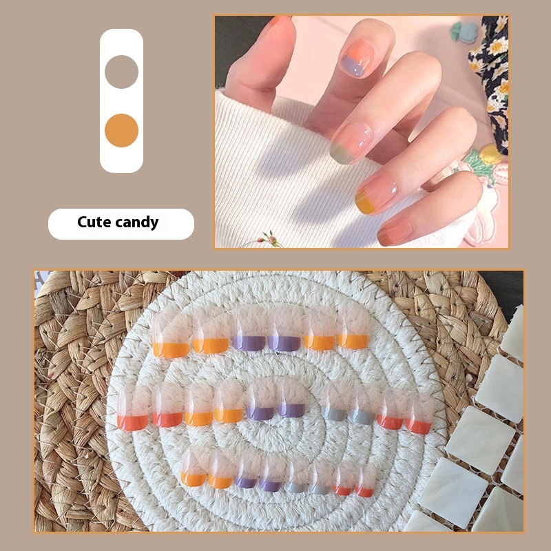 24 Pieces Of Summer Dopamine Color French Manicure Finished False Nails Short Square Girl Nail Stickers