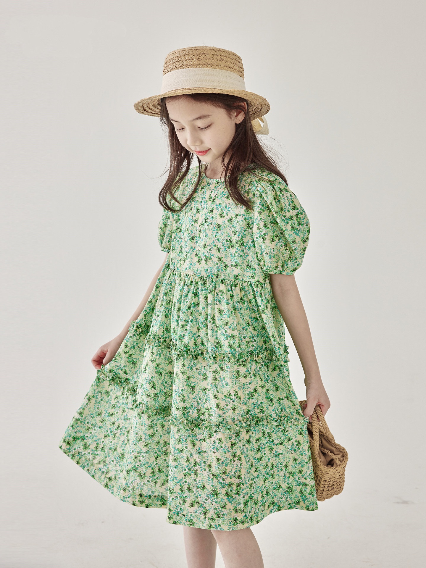 Girls Summer Japanese Green Floral Dress Children's Puff Sleeve Fungus Lace Retro Princess Dress
