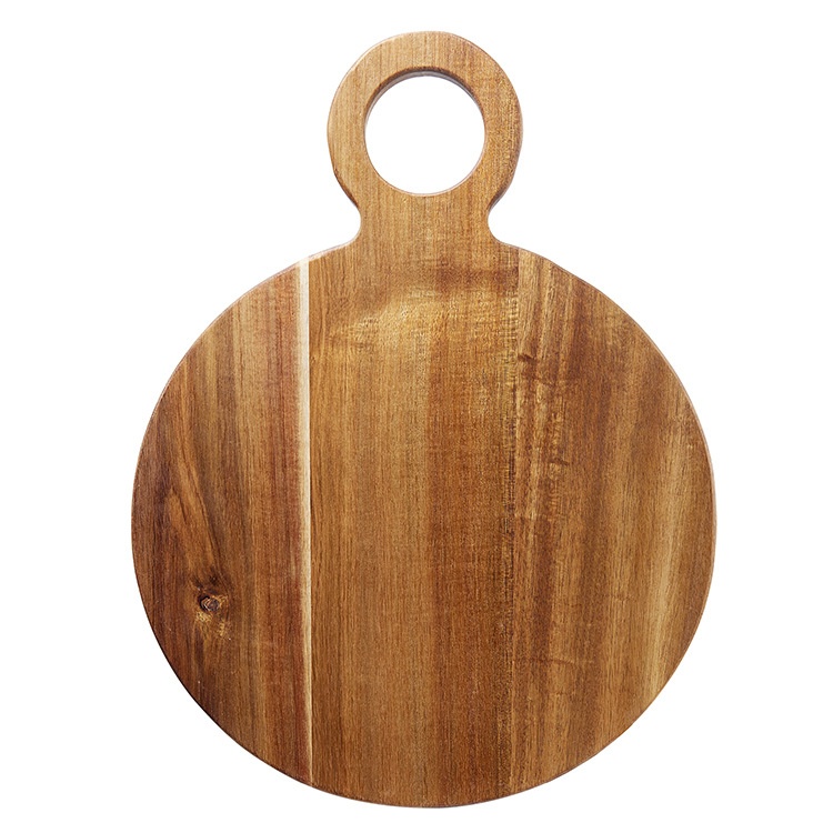 SUnique Design Big Leaf Acacia Wood Round Cutting Board Hollow Handle Wooden Cheese Board Cutting Board