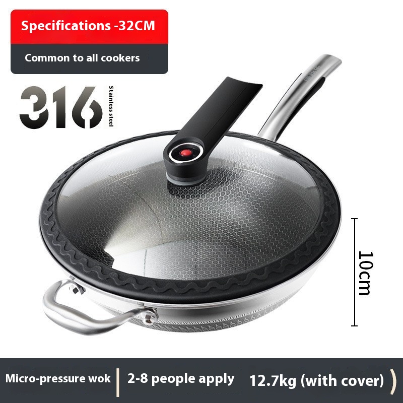 German316 LStainless Steel Frying Pan,Household Non-stick Double-sided Micro-pressure Pan,Non-coated,Suitable For Gas Stoves And Induction Cookers