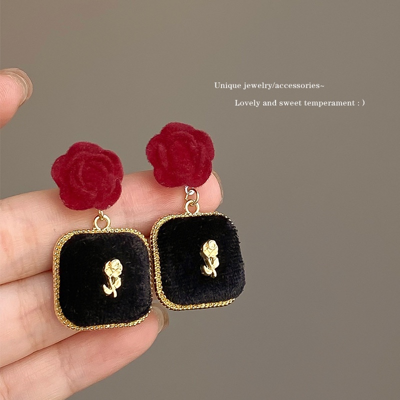 Flocked Rose Flower Square Earrings For Women Style Popular Light Luxury High-end Earrings Niche Autumn And Winter Earrings