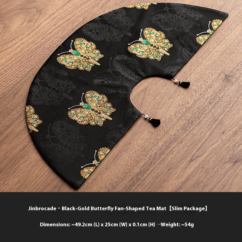 Black Gold Butterfly Fan-Shaped Tea Mat Chinese Retro Zen Tea Table Mat Brocade Jacquard Double-Sided Tea Flag Tea Set Accessories