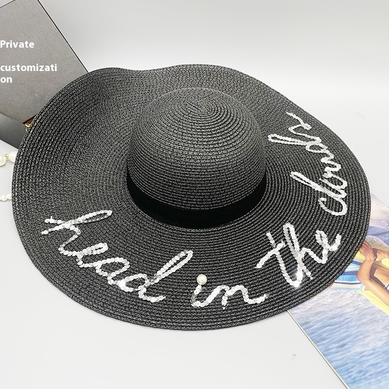 Small Xiangfu Horse And Carriage Letter Sequined Sun Hat Beach Hat Women's Summer Sun Hat Wide Brim Hat Sun Protection Straw Hat