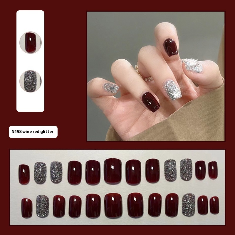 Short Wine Red Glitter Gentle Temperament Girl Wearing False Nails Sweet Cute Manicure Finished Nails