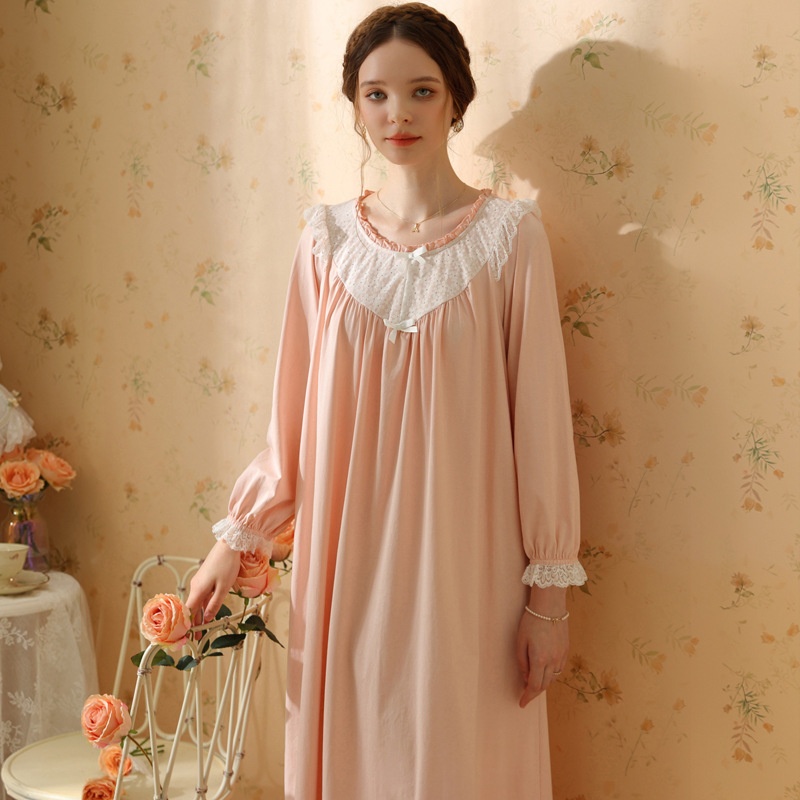 Nightdress Girl Long Sleeve Long Solid Color Cotton Palace Princess Style Lace Sweet Dress Spring And Autumn Style