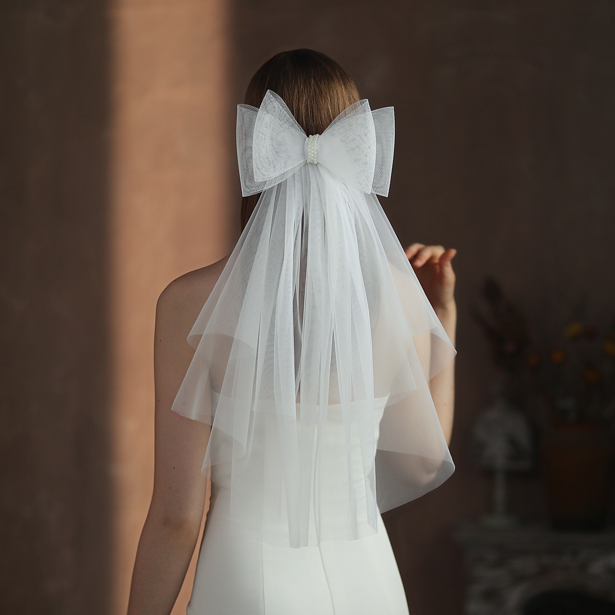 V302 European And American Elastic Net Bow Bridal Veil French White Double-layer Wedding Travel Photography Headdress With Hair Comb