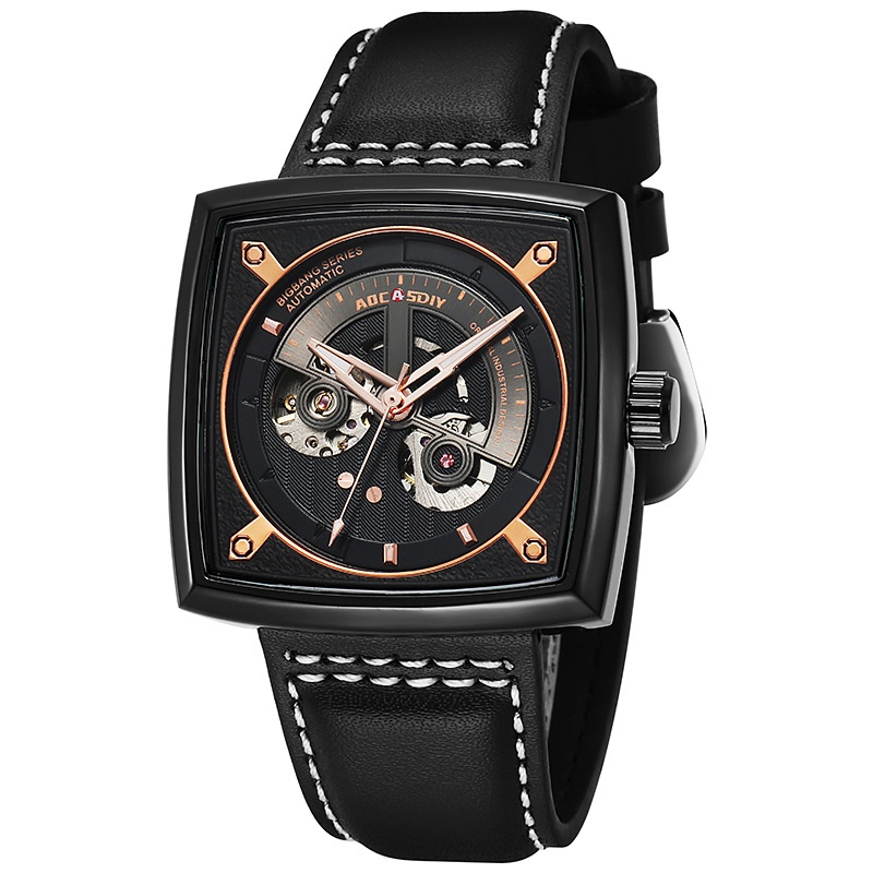 Skeleton Automatic Mechanical Watch For Men–Waterproof Leather Strap Wristwatch