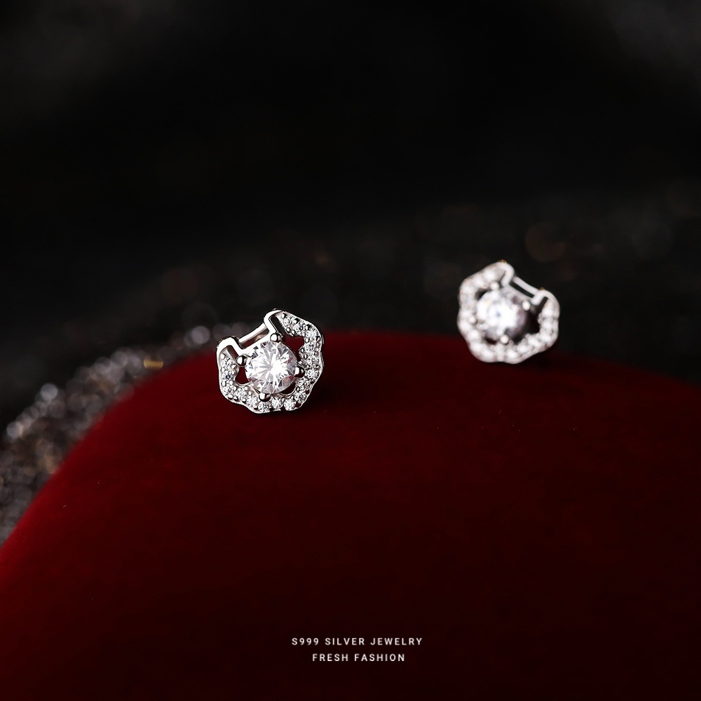 S999 Sterling Silver Ruyi Lock Peace Lock Earrings For Women Light Luxury Flash Diamond Zircon National Style Temperament Literary Earrings