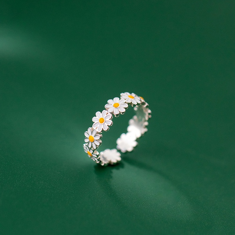 S925 Silver Daisy Ring Mori Style Fresh Summer White Flower Glue Drop Finger Ring Korean Style Women's Elegant Jewelry