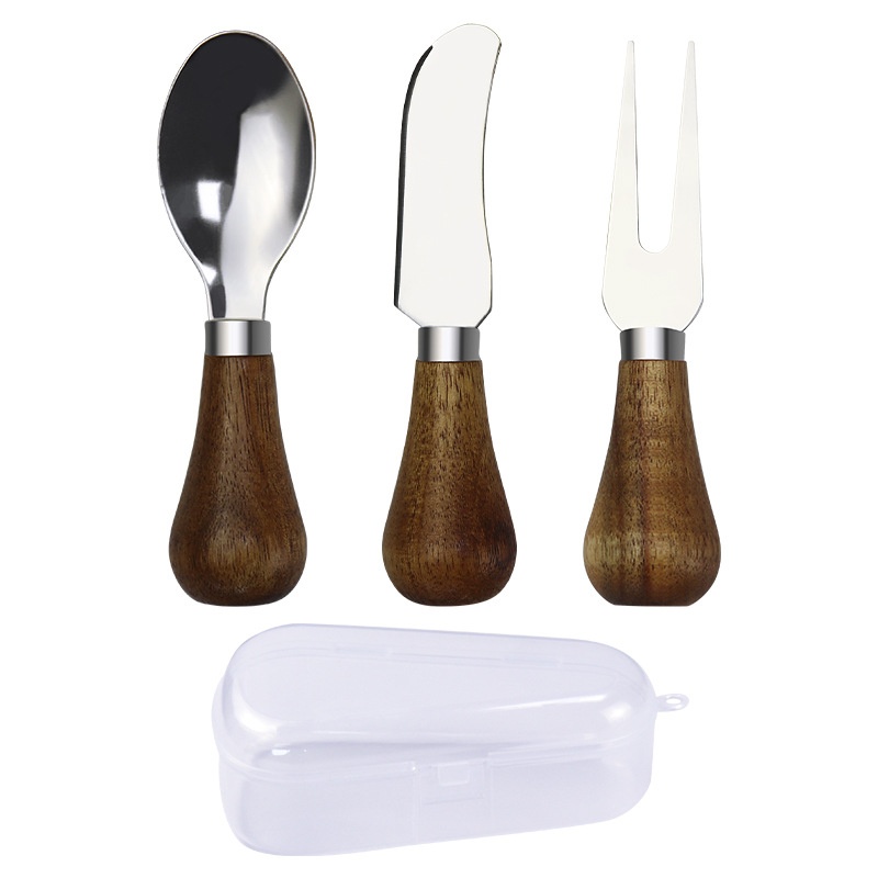 Acacia Wood Cheese Knife,Fork And Spoon Three-piece Set Round Wooden Stand Handle With Storage Box Stainless Steel Cheese Cutter
